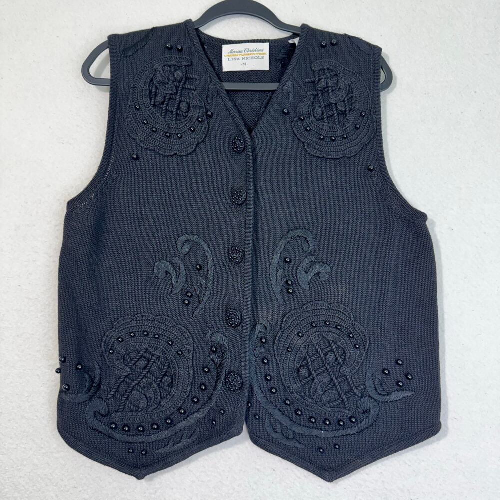 Lisa Nichols Black Embroidered & Beaded Cotton Knit Granny Sweater Vest Medium